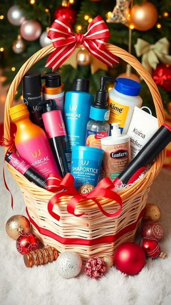 A festive gift basket with haircare products and tools, perfect for Christmas gifting.